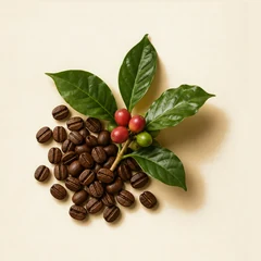 Granos de café con hojas y frutos